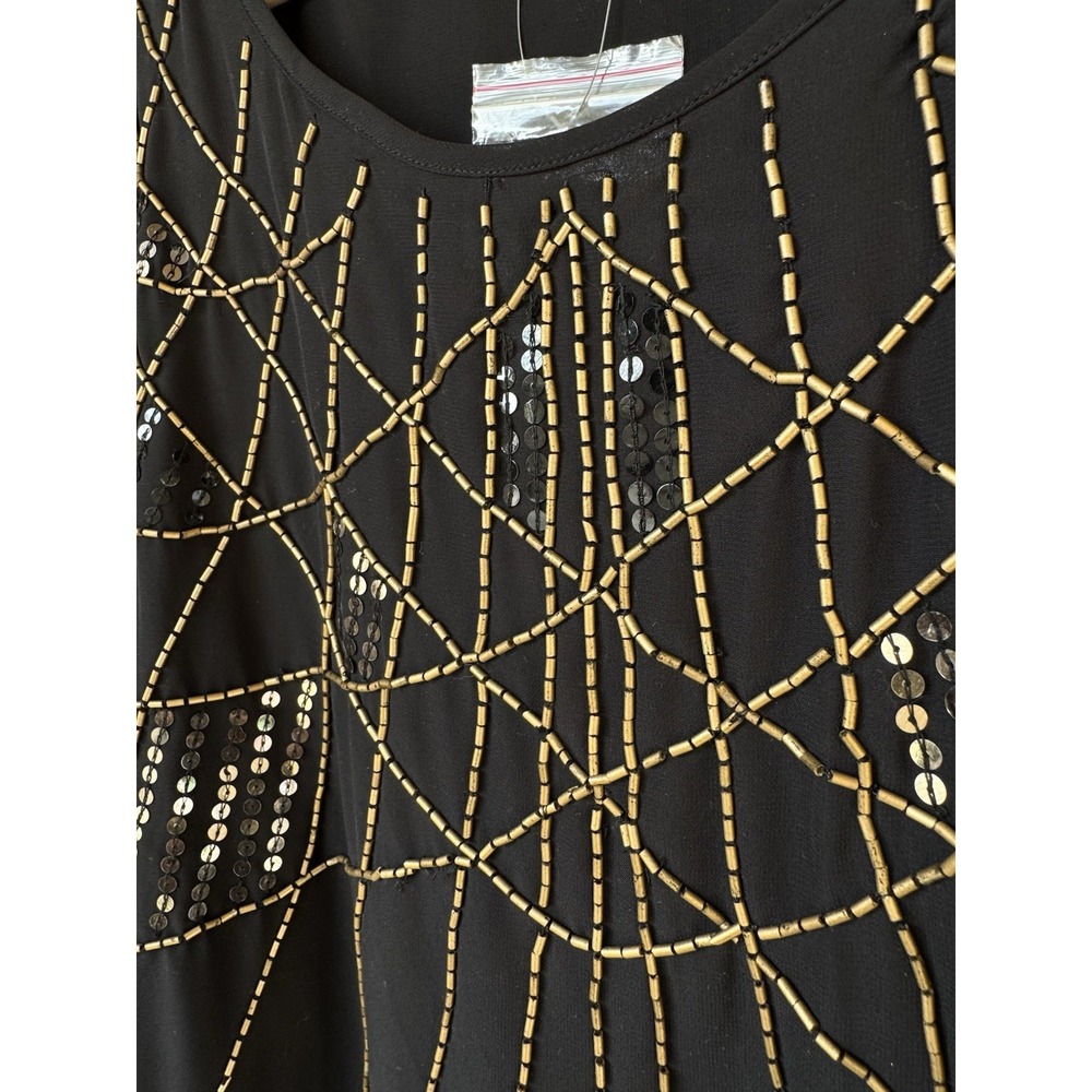 NEW‎ Madison Womens Plus 1X Black Gold Sequin Blouse Sheer Short Sleeve - Picture 4 of 8